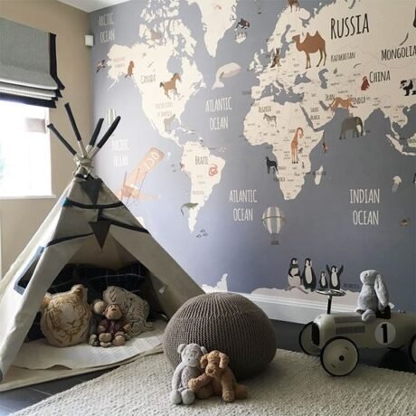 Kids World's Map With Animal Photo Wallpaper For Inspiring Kids | Furniture Dubai.