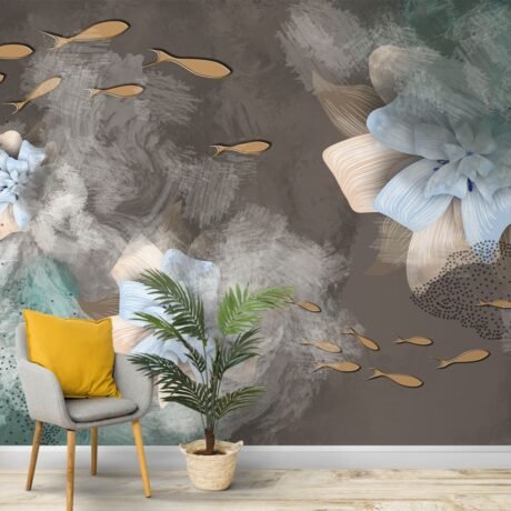 Buy Fish And Flower Art Wall Mural Wallpaper Wallpaper | Peel And Stick Wallpaper.