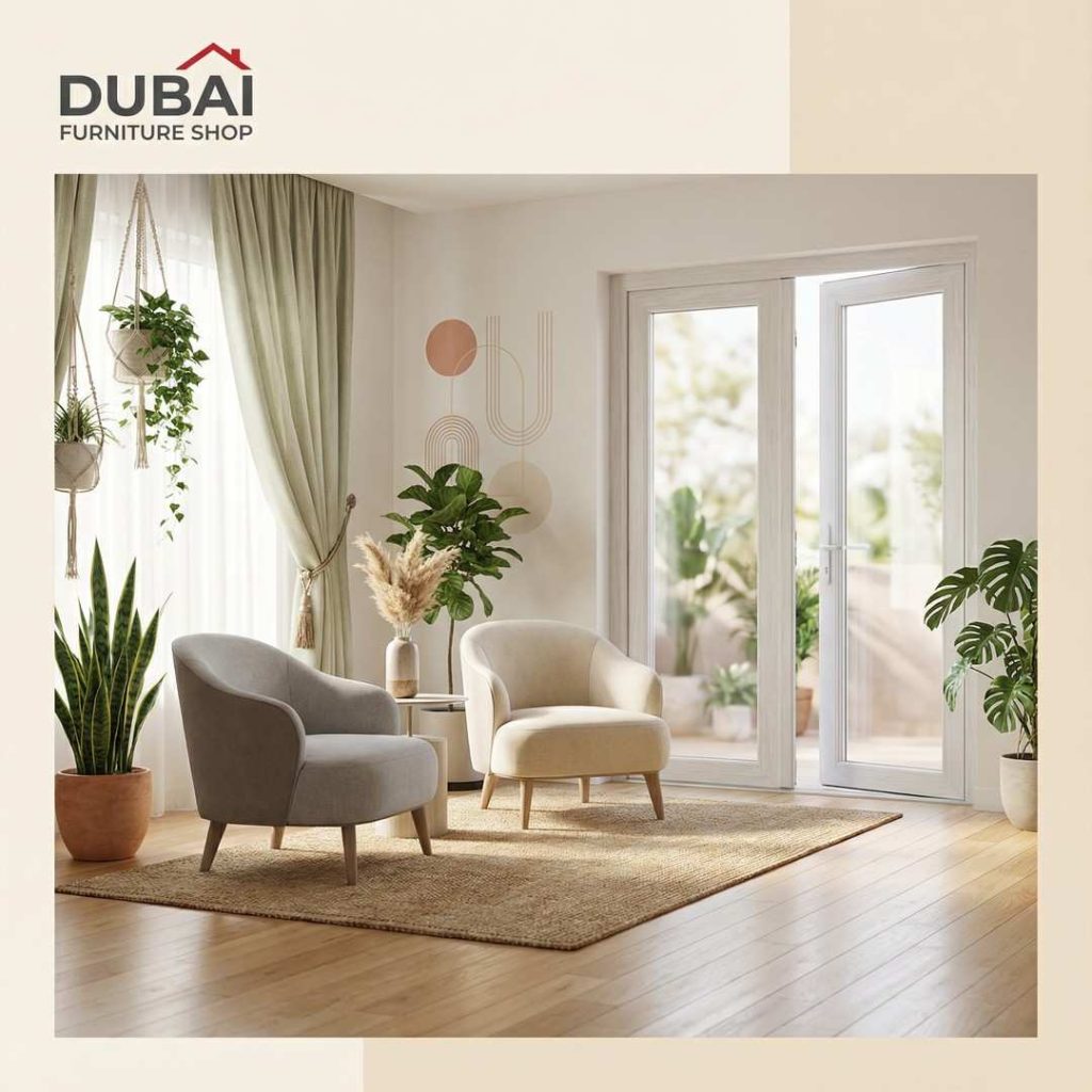 Modern beige living room with curved armchairs, sheer curtains, potted plants and large glass doors – Dubai Furniture Shop interior design