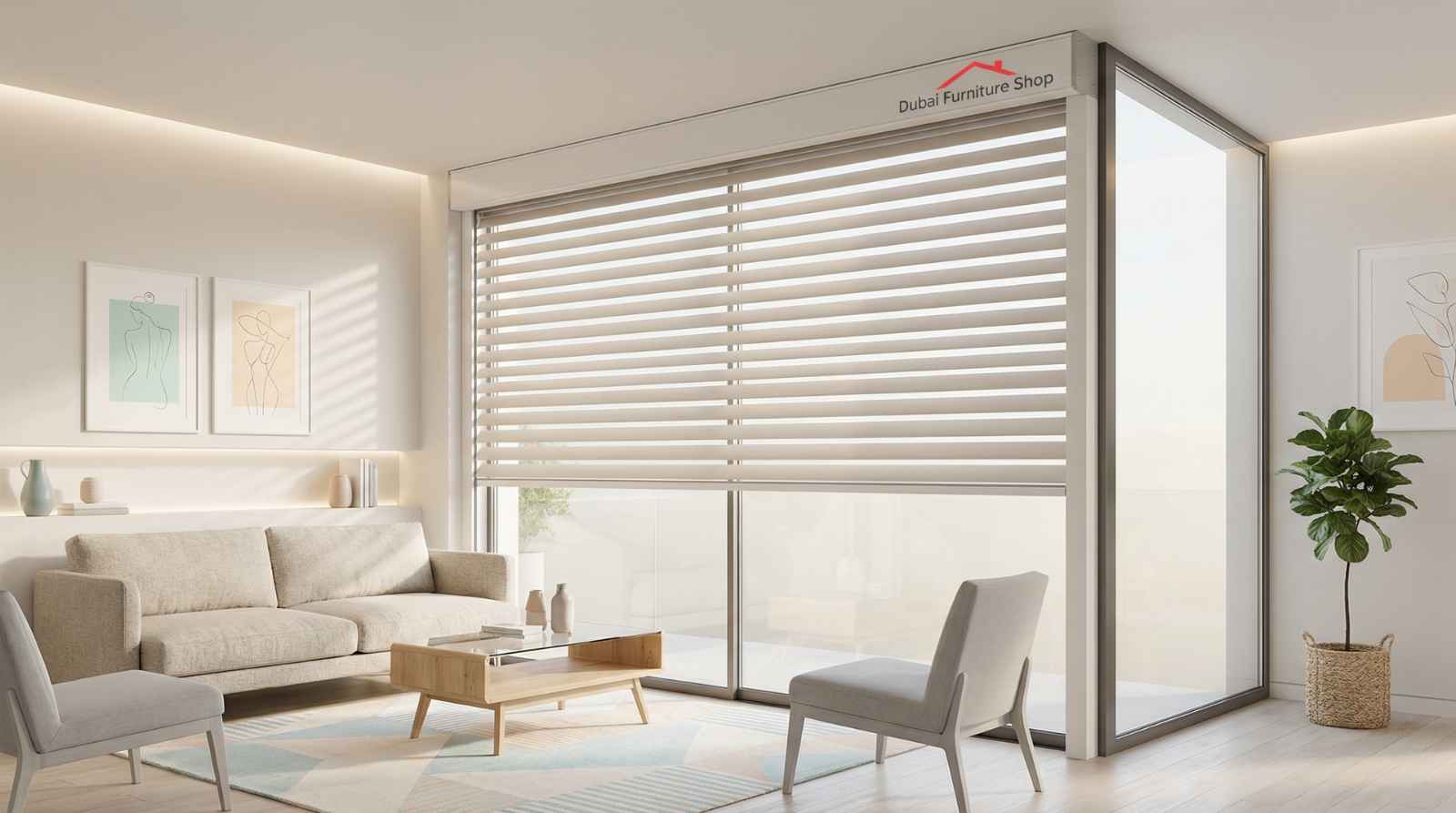 Modern living room with large windows, neutral furniture, and sleek horizontal blinds letting in soft daylight.